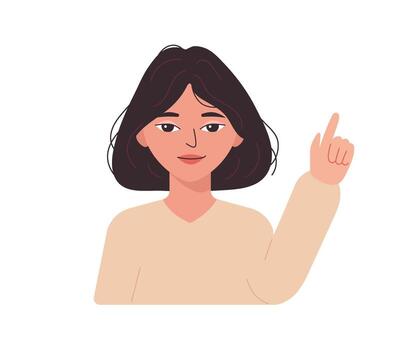 Girl points, directs and shows with her finger. Gesture to look up. Indicate with hand. Character indicates attention. illustration vector