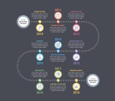 Timeline infographics template with 9 steps, workflow, process, history diagram vector