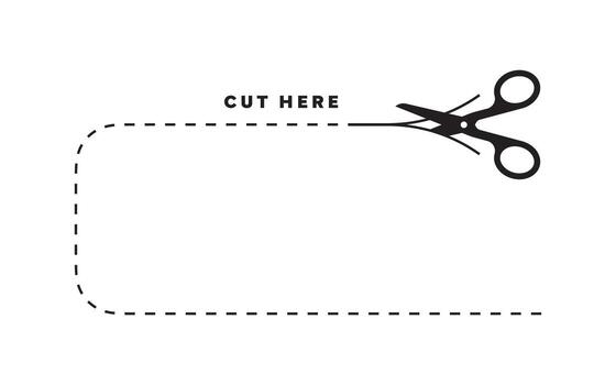 Cut here. The scissors are open, with their cutting blades positioned directly on the dotted line vector
