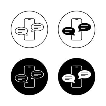 Chat message icon on smartphone screen. Text conversation symbol on phone display in black circle vector