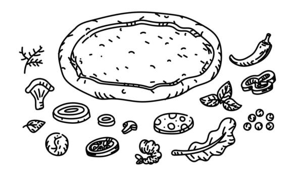 Rolled out pizza dough with ingredients in Doodle style. dough is round, semi-sideshow, spread with sauce, and various filling products on edges. Engraving, line, doodle monochrome object. Hand-drawn vector