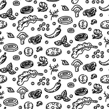 Pattern for pizza toppings in the style of scribbles. Engraving, line, monochrome drawing in the form of scribbles in a seamless texture. Greens, peppers, mushrooms, shrimp, onions, tomatoes, sausage vector