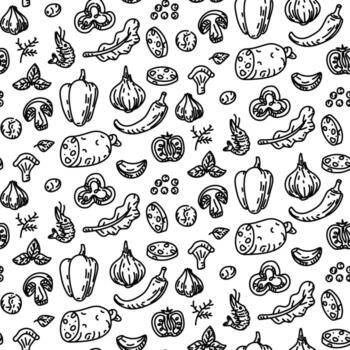Pattern for pizza toppings in style of scribbles. Engraving, monochrome hand-drawn pattern in seamless texture. Herbs, peppers, mushrooms, onions, tomatoes, sausage, cheese, and dill. Whole and sliced vector