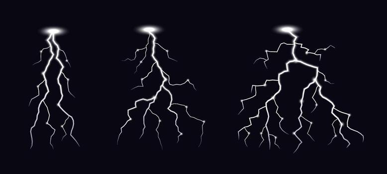 Lightning with glow. Thunderstorm lightning set. Set of lightning strike bolt silhouettes. vector