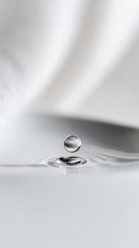 Water droplet hovering above calm surface, poised to create expanding ripples with soft white background, capturing moment of impending splash and liquid dynamics photo