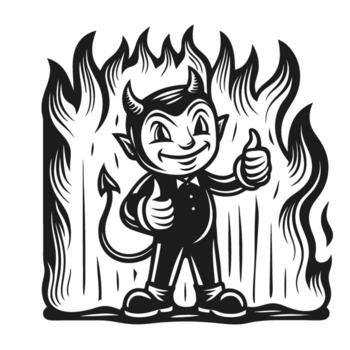 devil character smiling with thumbs up in flames, positive attitude, retro illustration, mischievous and playful vector