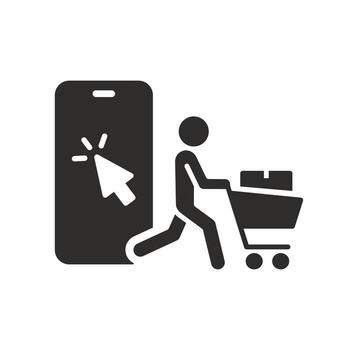 click with collect order icon, ecommerce, online shipping, phone and consumer, pick and receive cart with box, flat illustration vector