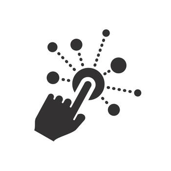 usuario toque aquí icono, sencillo interacción, interactivo pantalla con botón hacer clic dedo, digital tecnología concepto, mano puntero, plano ilustración vector