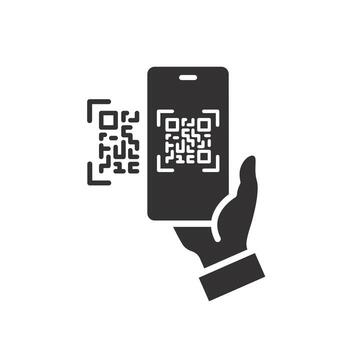payment hand with phone icon, scan qr code, scanner app, flat illustration vector