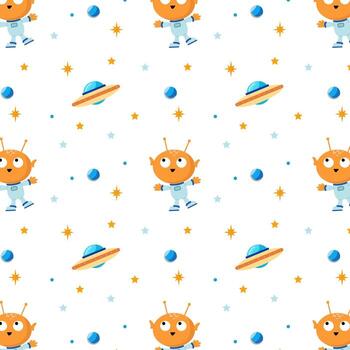 A funny pattern with a cute alien in space with stars and planets. Simple illustration on white background vector