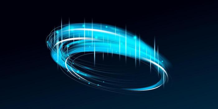 Glowing blue neon ring with dynamic spiral swirl. Sparkling particle motion creates futuristic vortex effect for luxury or high tech designs. vector