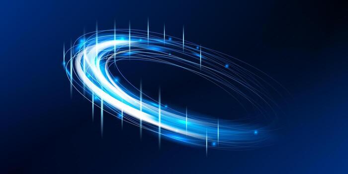 Bright blue neon ellipse with sparkling swirl motion. Dynamic magic ring with particle wave effect for futuristic abstract backgrounds or luxury designs. vector