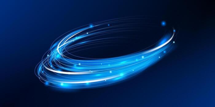 Blue neon teleport vortex in circular spiral motion. Glowing magic light ring with energy sparkle for abstract space design or digital HUD graphics. vector