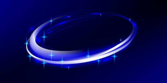 Blue neon circular wave ring with glowing particle streaks. Futuristic motion spiral for tech banners digital effects or abstract space energy illustrations. vector