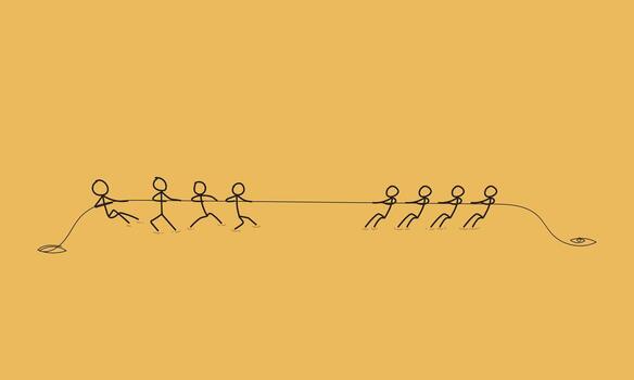 Minimalist Stick Figure Illustration of Two Teams Competing in Tug of War. Symbolizes Teamwork, Cooperation, Competition, and Unity vector