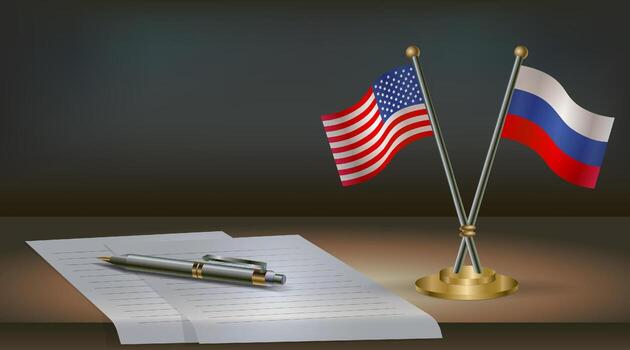 Flags of USA and Russia on a table vector