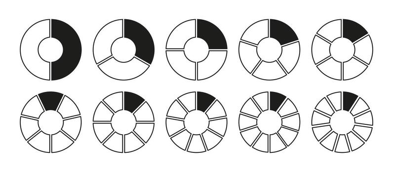 Circles divided diagram 2, 3, 10, 7, 8, 9, 10, 11 equal parts. Graph icon pie, pizza shape section charts. Coaching blank template. Set of segments black wheel round divide infographic. vector