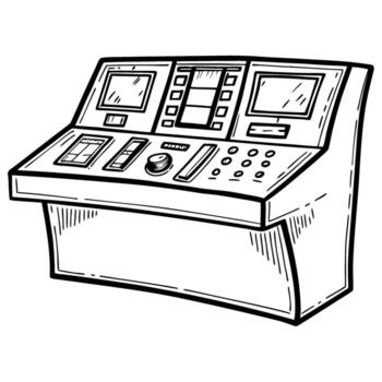 Control panel with buttons and screens hand drawn console interface, monitor, dashboard technology illustration vector
