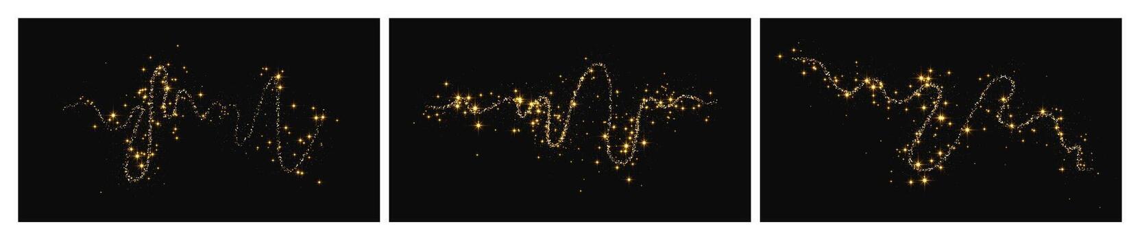 Modern gold glittering confetti wave and stardust. Set of three backdrops with golden magical sparkles on dark background. illustration vector