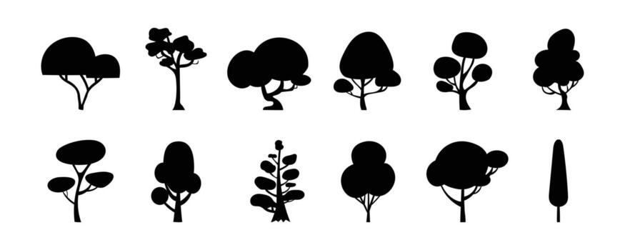 Tree silhouette collection. Hand-drawn black tree shapes in various abstract styles. Perfect for logos, stickers, prints, backgrounds, patterns, and minimalist fall designs. illustration vector
