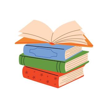 apilar de vistoso cerrado libros con abierto libro en cima. literatura y leyendo concepto. plano ilustración aislado en blanco antecedentes. vector