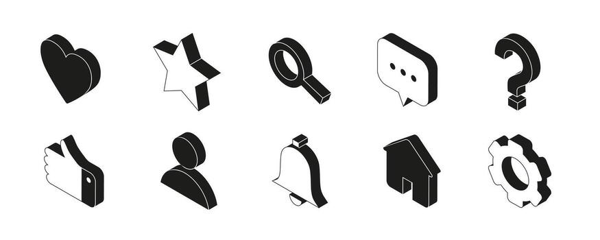 Account management icons collection. Isometric style monochrome symbols for user profile, notification, help and more vector