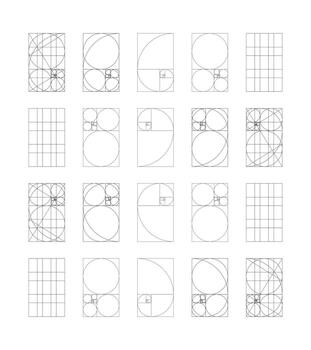Big set of Golden ratio template. Fibonacci array, numbers form. Method golden section simple samples. Harmony proportions flat black frames. Outline graphic thin printable illustration. Golden Spiral vector