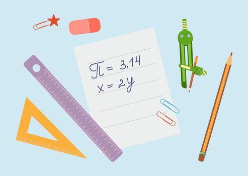 Math and geometry set with paper, equations, pencil, ruler, triangle, compass, eraser and paper clips. For posters, classroom materials, worksheets. vector
