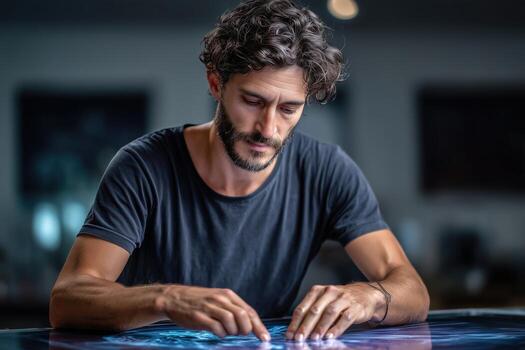 Man with curly hair touching interactive digital display screen male person photo