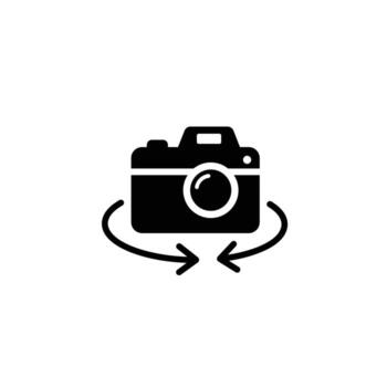 Camera icon with circular arrows depicting 360 degree view demonstrating virtual tour and product photography features for e commerce and online showcasing isolated on white vector