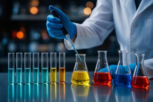 realistic image showing precise chemical testing in a clean professional laboratory with vibrant colored liquids symbolizing complexity and innovation photo