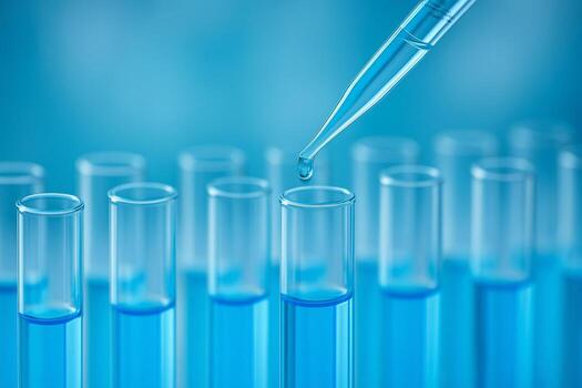 a close up of a liquid drop from a micropipette into glass test tubes with blue solution in a laboratory showing precision order and modern science atmosphere photo