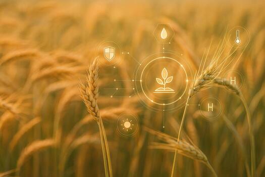 ultra realistic image of wheat field with glowing digital icons representing smart farming data analysis crop monitoring and sustainable agricultural technology in warm natural light photo