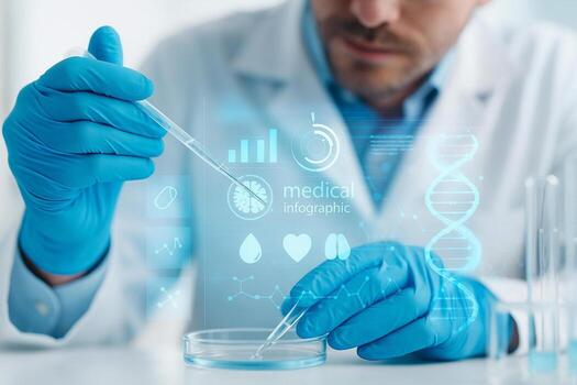 conceptual image of scientist hands with blue gloves using pipette in laboratory with transparent digital medical icons and molecular graphics showing advanced research and biotechnology photo