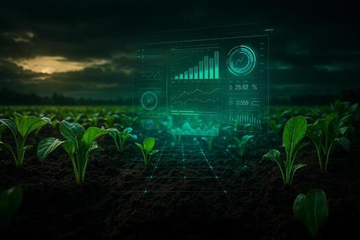 smart farming field with young green crops in fertile soil and floating digital dashboard overlay showing data analysis under dramatic sky symbolizing future and technology photo