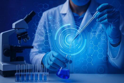 image of a scientist in gloves using a pipette with microscope and test tubes in a high tech laboratory with molecular graphics symbolizing advanced scientific research photo