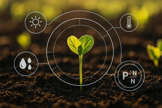 green seedling growing in fertile soil with transparent interface showing data on sunlight temperature water pH and nutrients in a smart farming environment photo