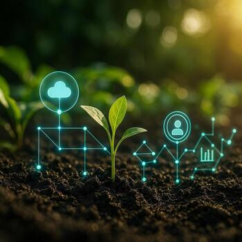smart agriculture concept showing green seedling emerging from fertile soil with glowing holographic icons representing data driven sustainable farming and precision technology photo