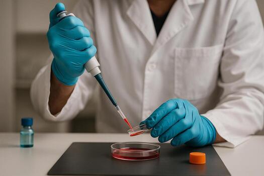 scientist in lab coat using pipette with red liquid in sterile laboratory showing precision biotechnology research and sterile handling in science environment photo