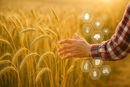 a realistic scene of a farmer hand touching ripe wheat with floating digital UI for precision agriculture in warm sunlight showing harmony of nature and advanced technology photo