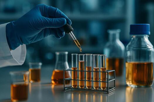 a close up of a gloved hand using dropper to transfer amber liquid into test tubes in a clean lab environment representing precision control and professional science atmosphere photo