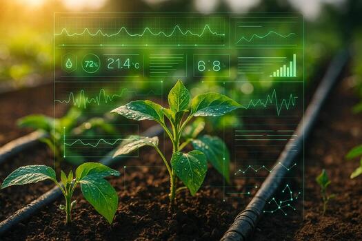 green plants grow in moist soil with digital dashboard overlay showing precision farming data creating a sense of sustainability technology and smart agriculture harmony photo
