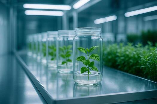 glass containers with green plant samples in nutrient solution aligned on lab bench under cool lighting symbolizing controlled growth and biotechnology precision photo