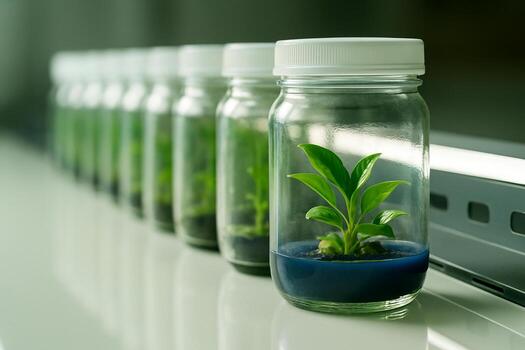 ultra realistic image of green seedling growing in nutrient gel inside clear glass jar with white lid placed in neat sterile row on glossy lab surface with soft lighting and depth photo