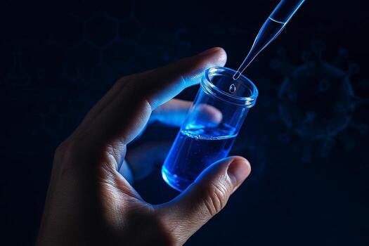 macro shot of a hand holding a glass container with blue liquid while a pipette drops liquid inside in a futuristic science laboratory setting photo