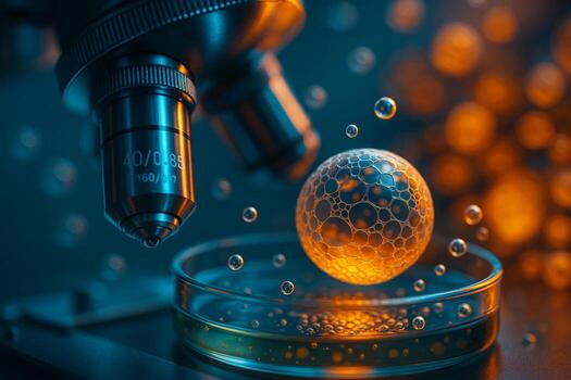 close up of a microscope focusing on 3D cell structures with mesh patterns and microbubbles in vibrant blue and orange tones symbolizing precision innovation and advanced biology photo