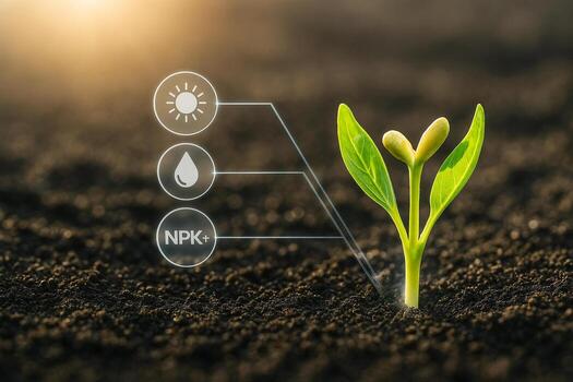 ultra realistic symbolic image of young seedling monitored by digital data interface showing real time light moisture and nutrient levels in smart farming environment photo