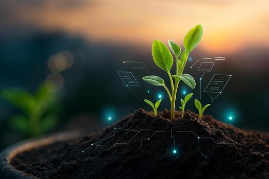 smart farming scene showing young seedlings growing on moist soil with glowing digital interfaces symbolizing real time data analysis and controlled agricultural monitoring photo