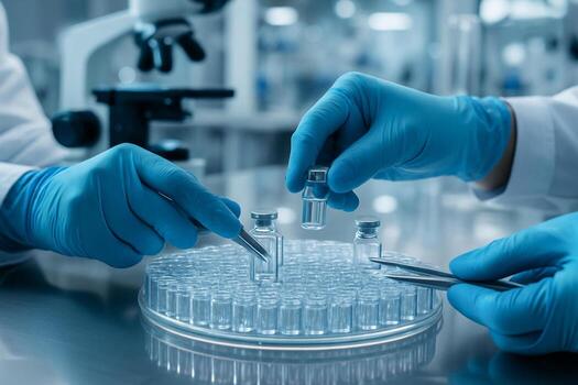 ultra realistic close up showing precise sterile handling of glass sample vials with tweezers in a modern lab conveying precision control and high tech scientific environment photo