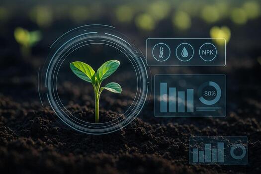 young green seedling emerging from fertile soil surrounded by a digital scanning ring and data HUD displaying moisture temperature and nutrient levels in smart farming system photo